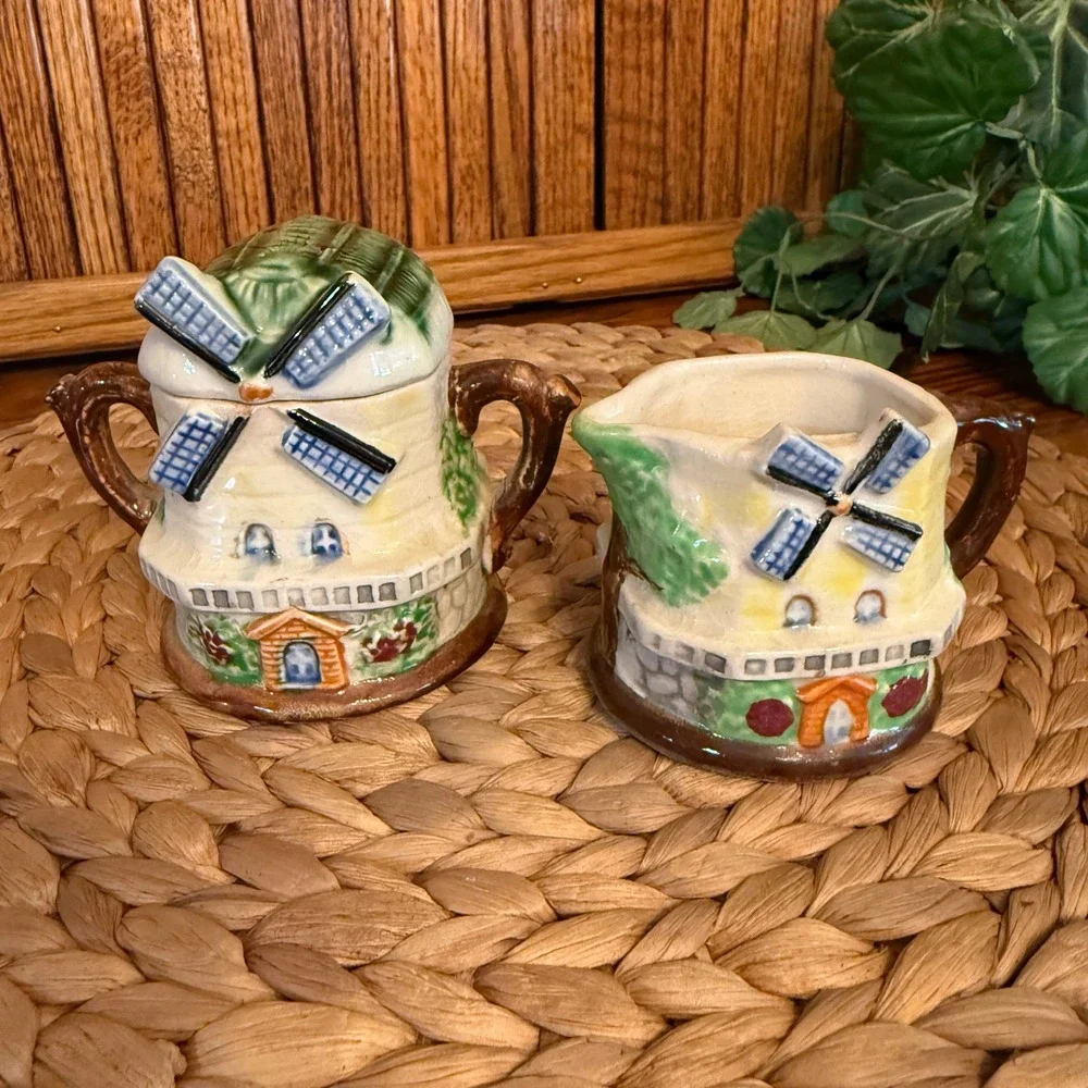 Vintage Dutch Windmill Ceramic Sugar Bowl and Creamer Set Japan Good 2pc